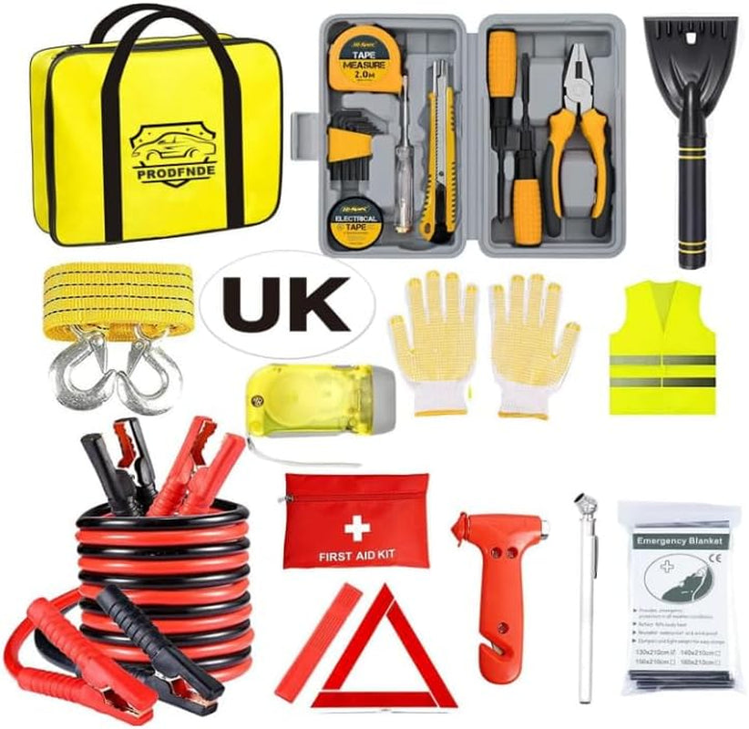 Car Emergency Kit, Roadside Assistance Emergency Kit, Car Breakdown Tool Set with Jumper Cables, Warning Triangle, Visibility Vest, Flashlight Etc, Ideal Accessory for Truck, SUV